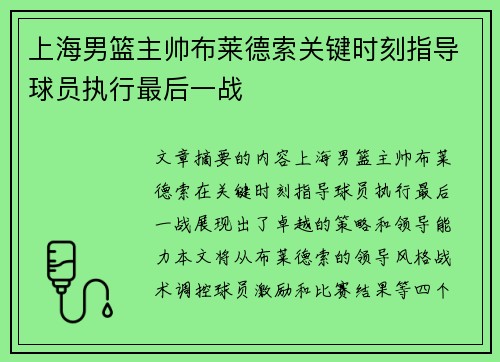 上海男篮主帅布莱德索关键时刻指导球员执行最后一战